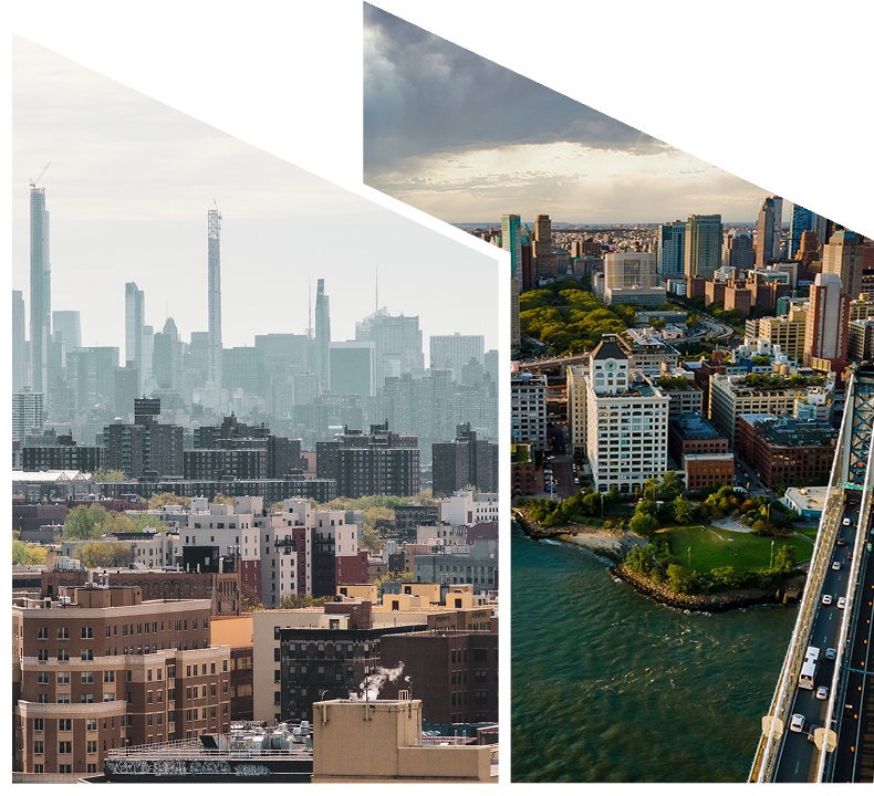 City skyline and waterfront aerial view collage.