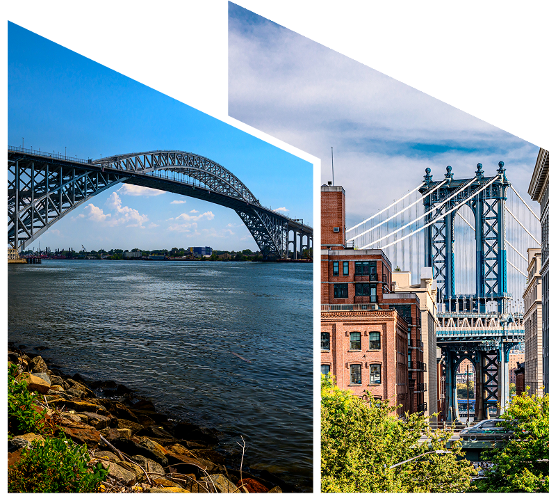 Bridges over water with cityscape background.
