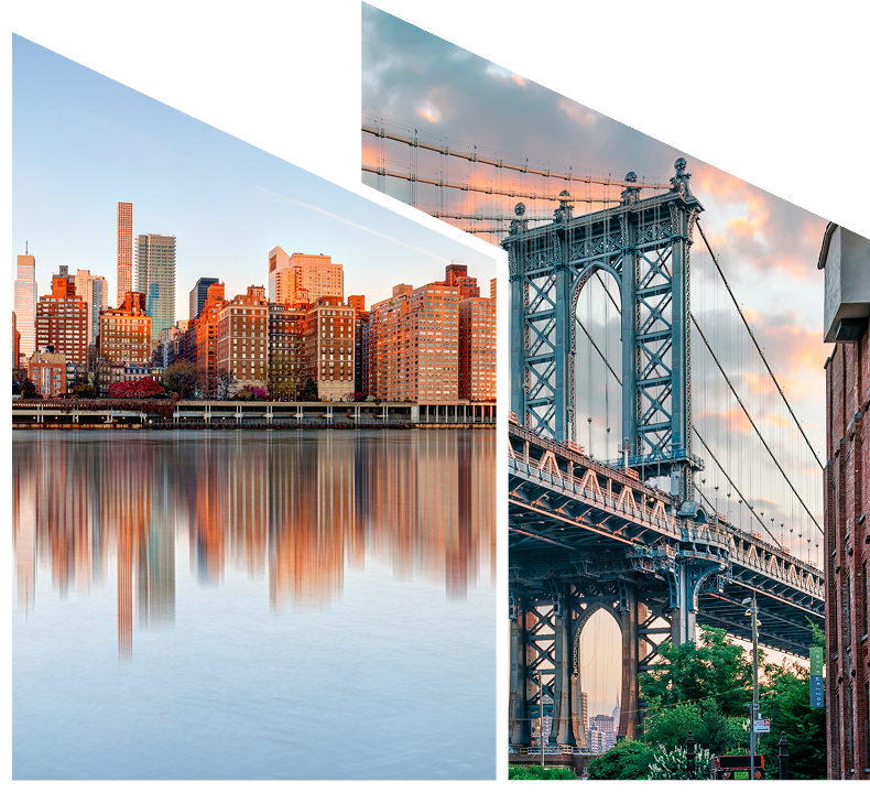 City skyline and bridge under sunset sky.