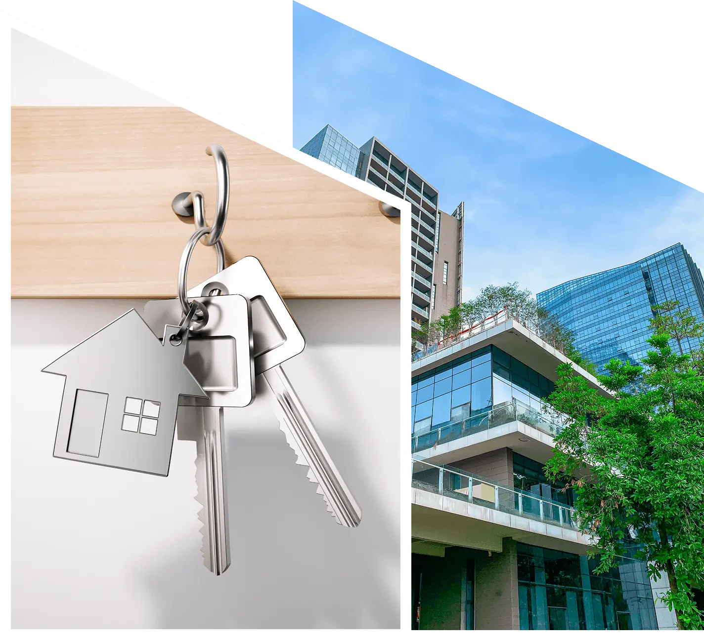 Keys with house charm, modern building background.